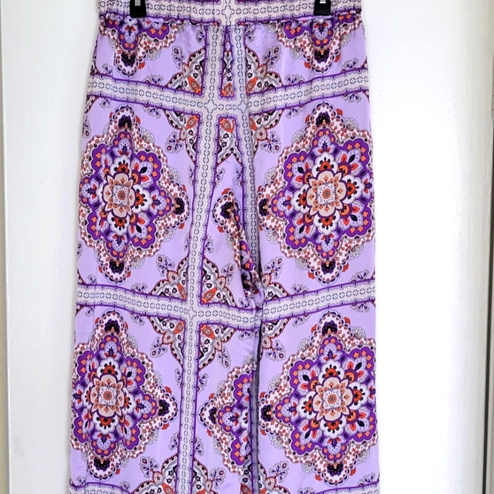 Ann Taylor Satin Pants Womens L Purple Floral Wide Leg Boho